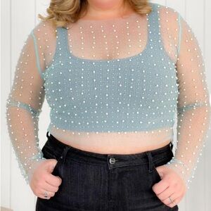 Boutique Long Sleeve Top With Pearl And Rhinestone Detail